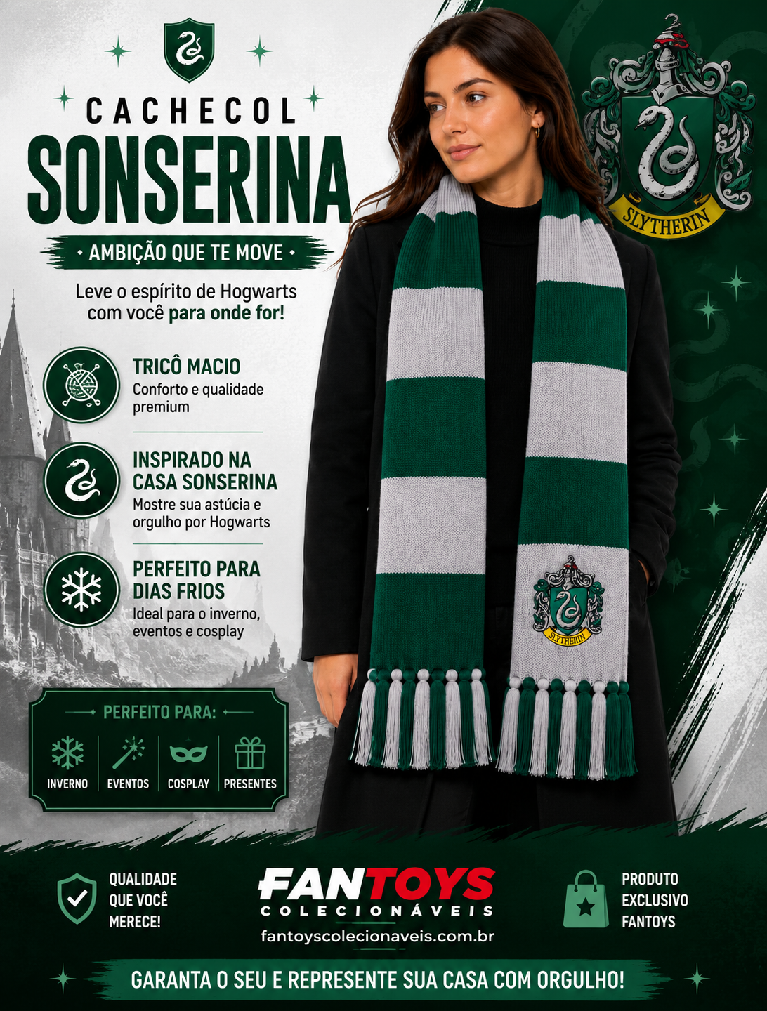 CACHECOL SONSERINA EM LÃ COM BRASÃO BORDADO - ALTA COSTURA 190CM