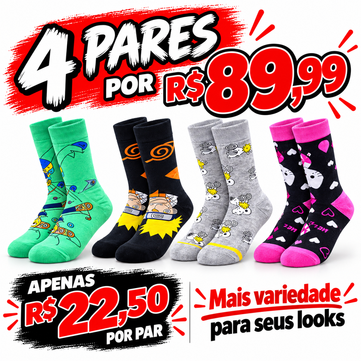 KIT MEIAS MALUCAS - 4 PARES SURPRESA