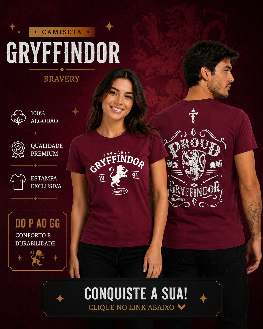 CAMISETA GRIFINÓRIA HARRY POTTER - 100% ALGODÃO