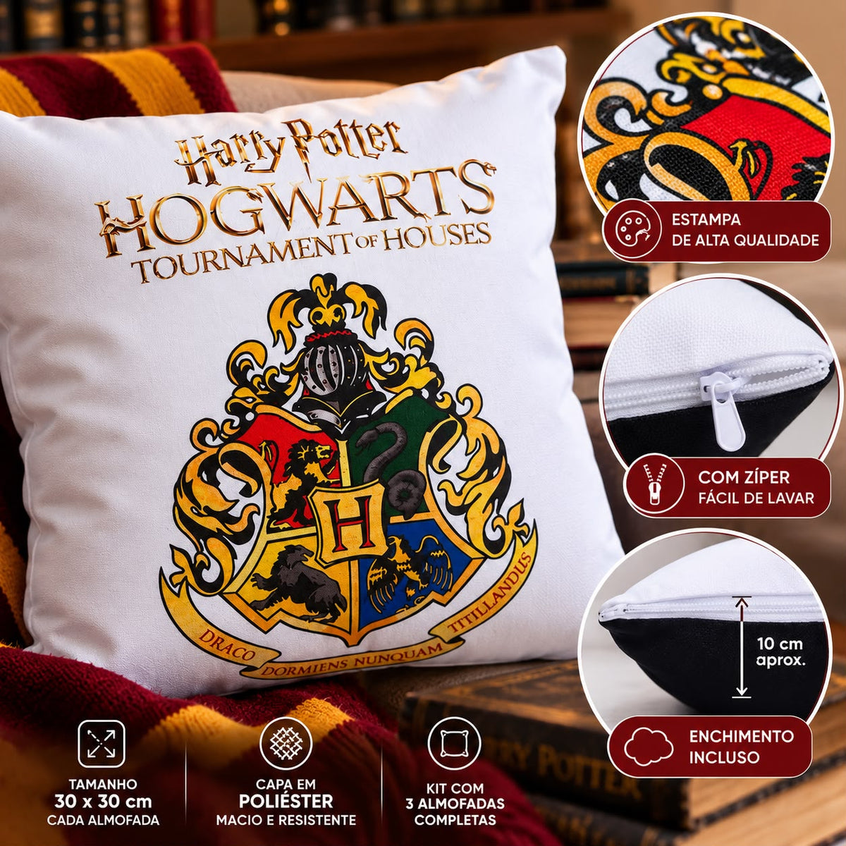 KIT COM 3 ALMOFADAS HOGWARTS - HARRY POTTER