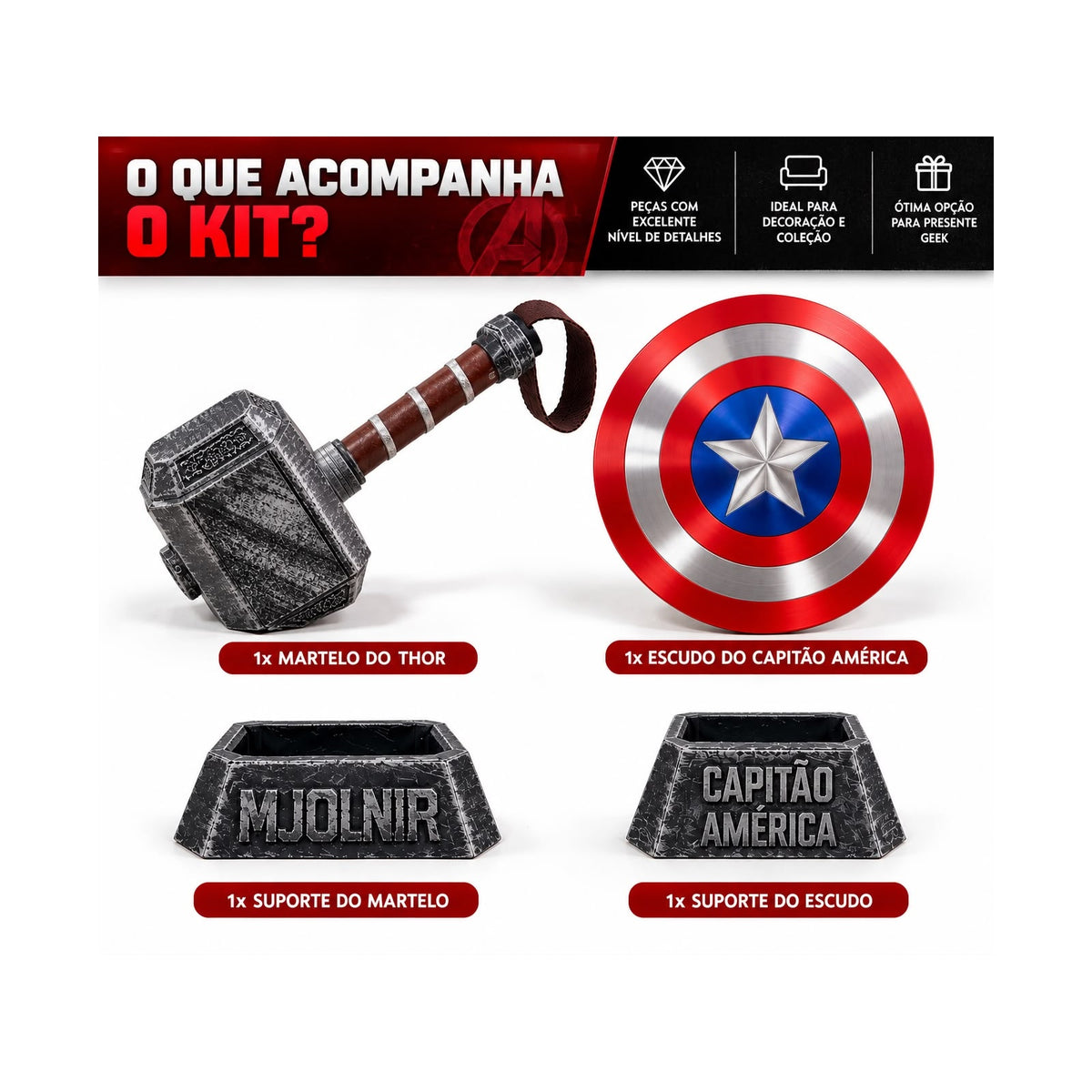 Kit Premium Martelo Do Thor E Escudo Do Capitão América 30cm - Marvel