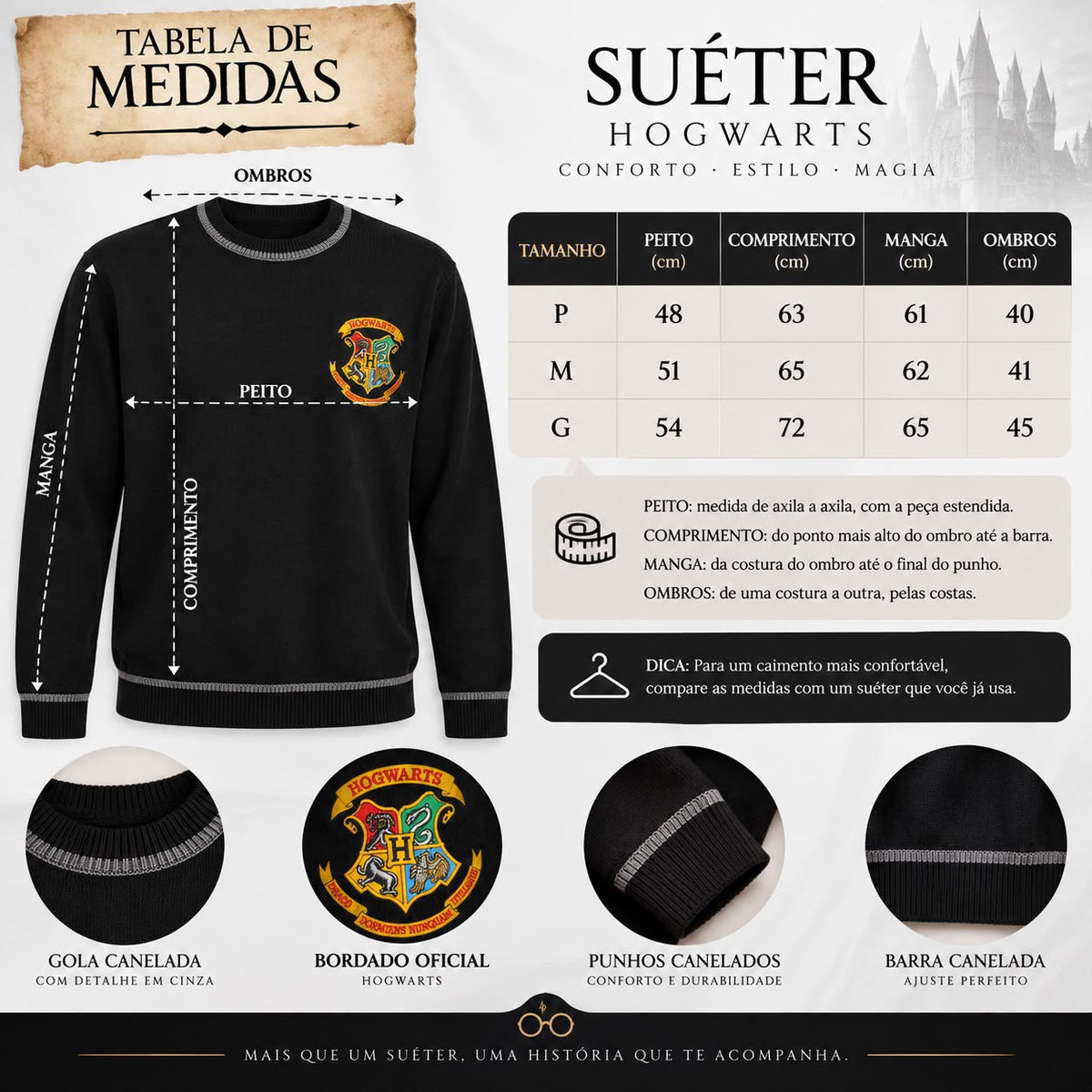SUÉTER PRETO DE HOGWARTS EM LÃ BORDADO - HARRY POTTER